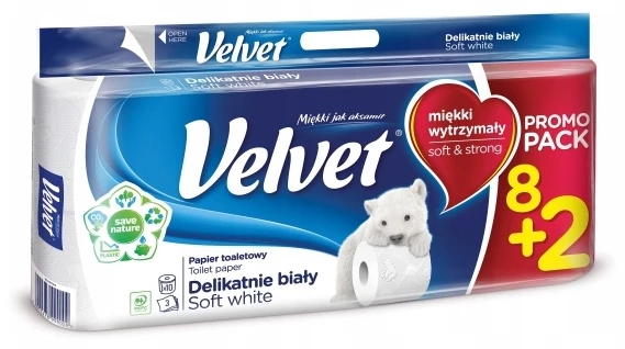 Papier toaletowy Velvet, 3-warstwowy, 10 rolek (8+2), delikatnie biały